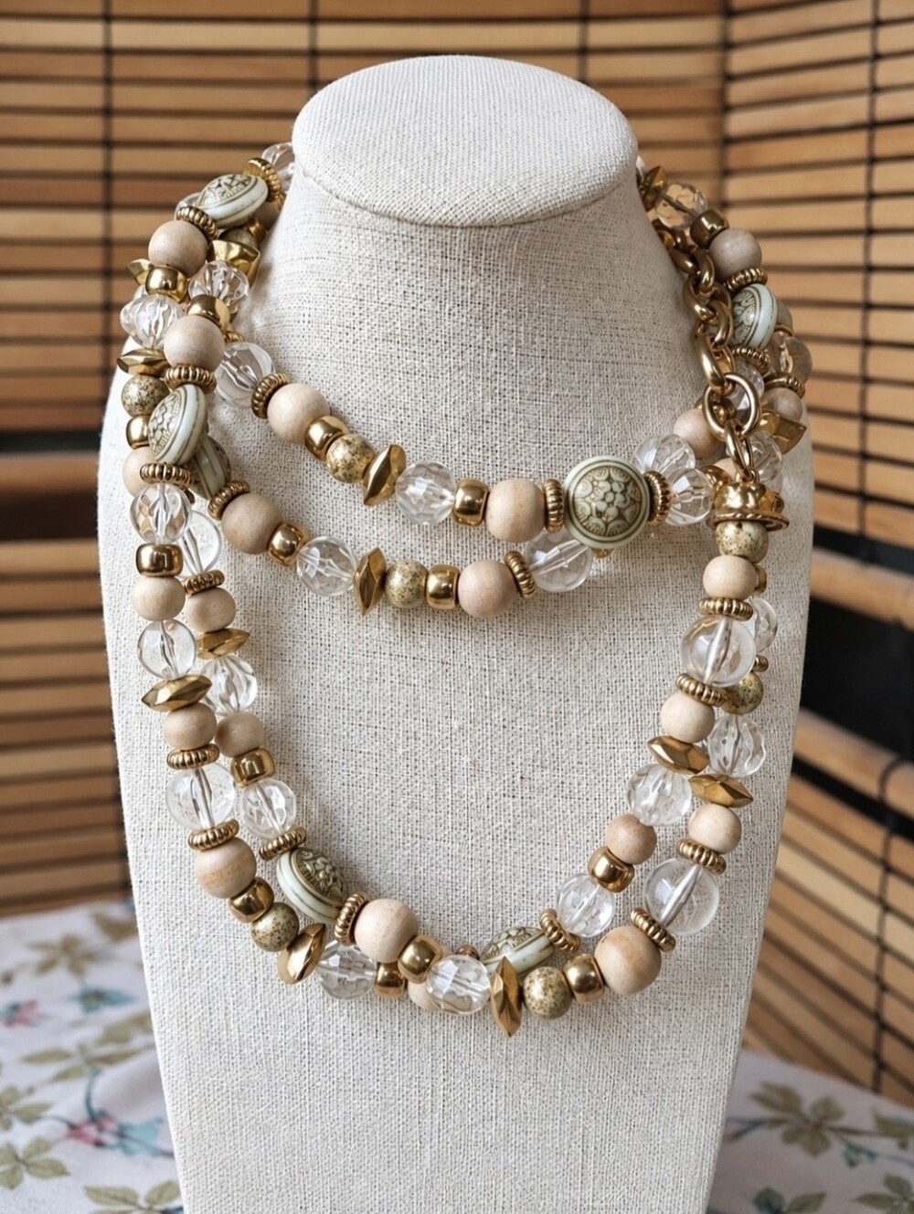 Limited Express Brand Wood Acrylic Lucite Long Gold Tone Dual Strand Necklace